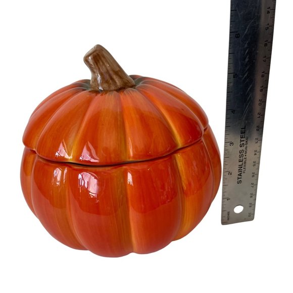 Ceramic Pumpkin Candy Dish Cookie Jar Lidded Bowl 6.5" x 6" FTD - Picture 6 of 6